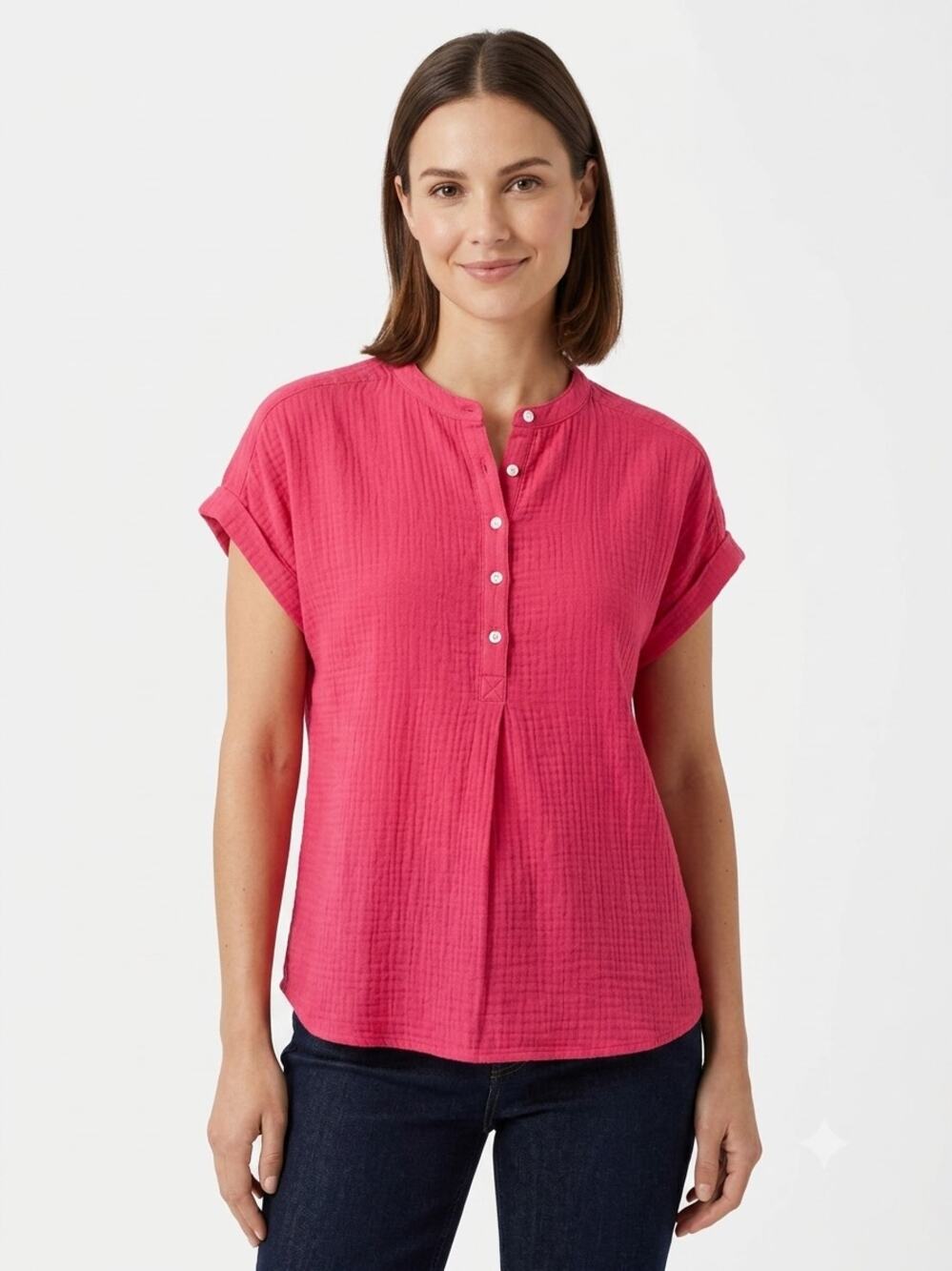 Quince Blouse Top Womens L Wild Cherry Cotton Gauze Roll Sleeve Button Front